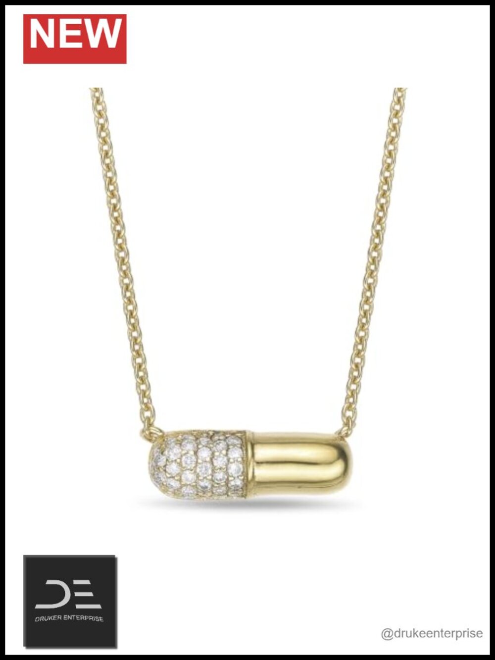 Lab Grown Diamond Pill Pendant 18K Yellow Gold Plated Silver Necklace